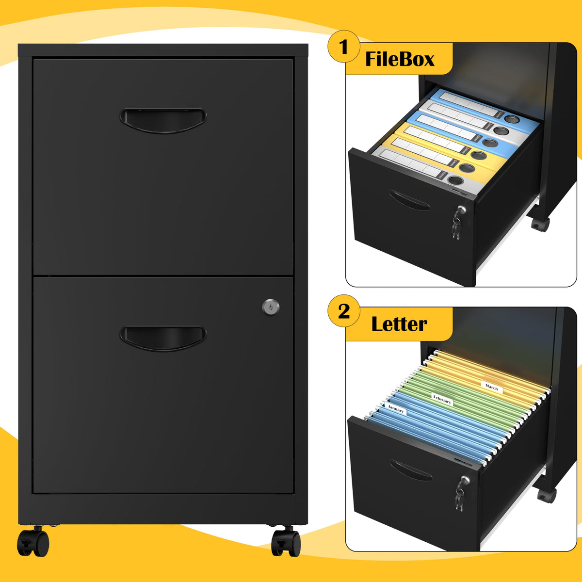 2 Drawer Black Metal File Cabinet with Lock C258