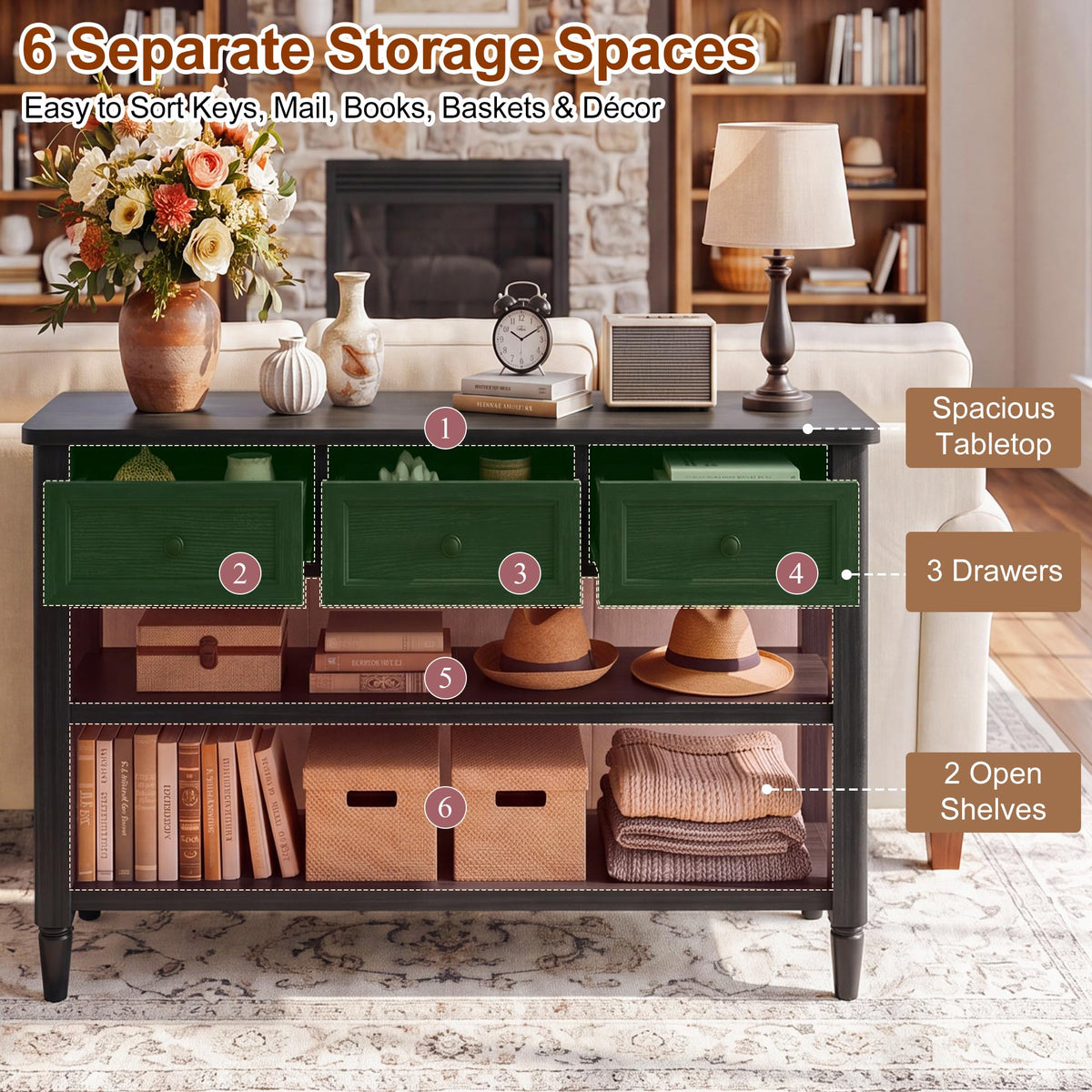 43" Farmhouse Entryway Table with 3 Drawers 2 Shelves A4801
