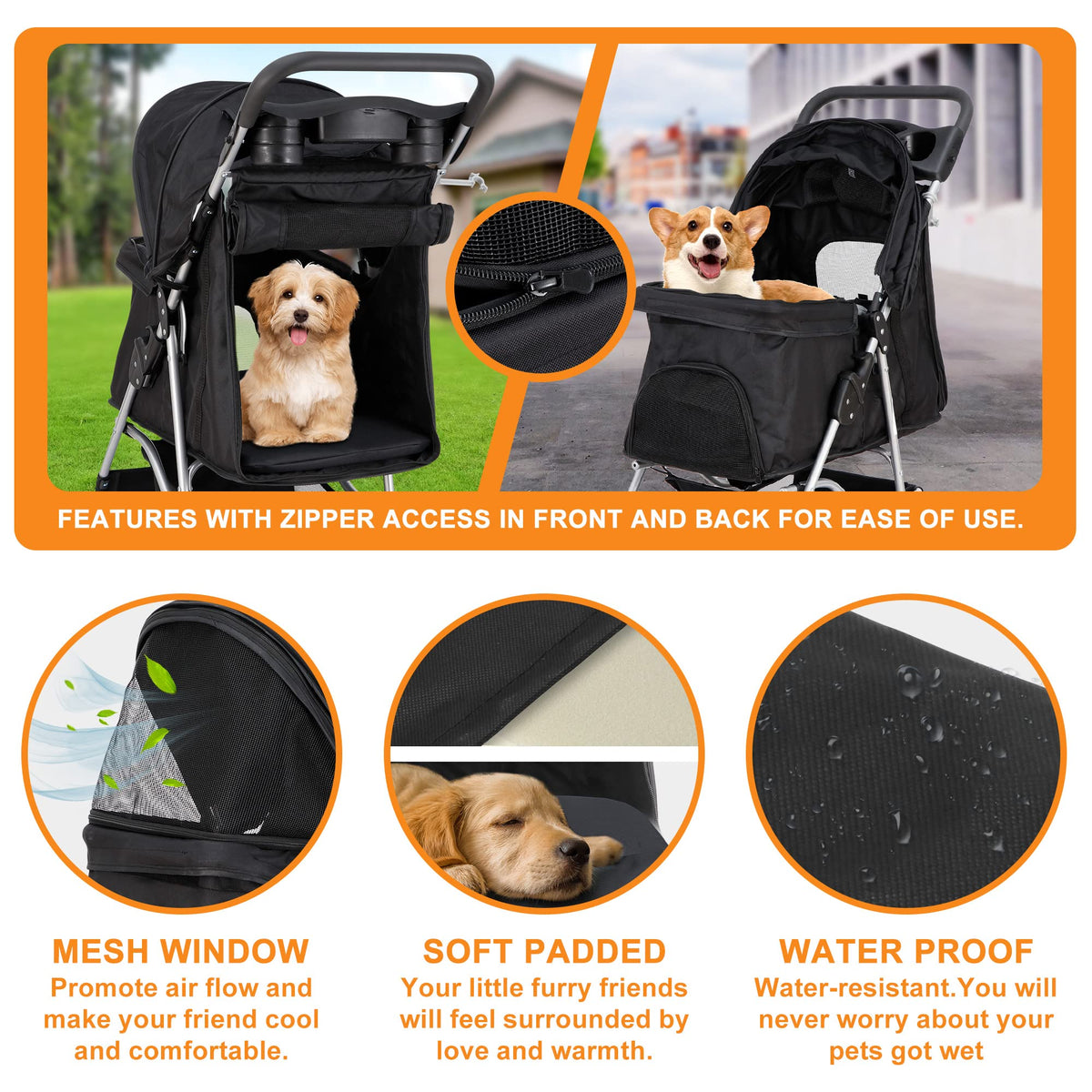 4 Wheels Foldable Pet Stroller with Storage Basket and Cup Holder A949628