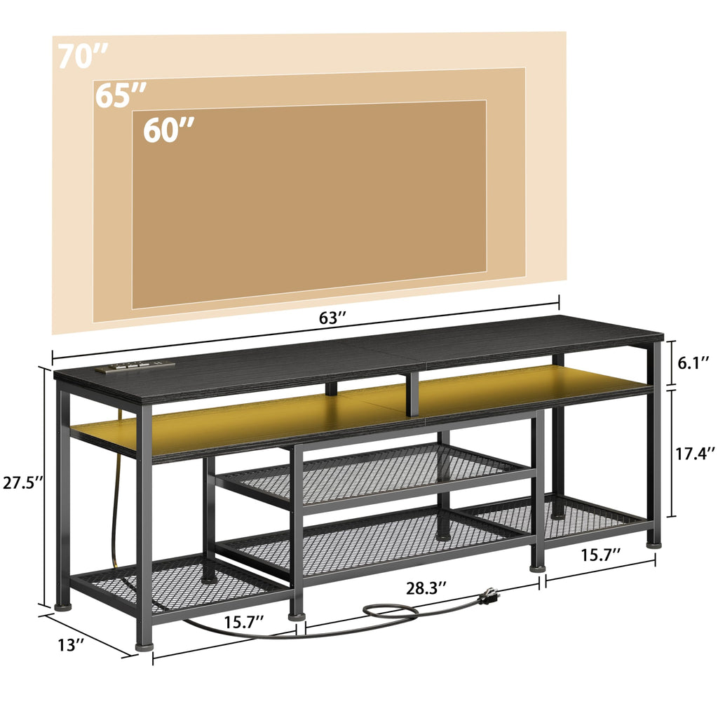 63 Inch TV Stand with Power Outlets & LED Lights, Black A423