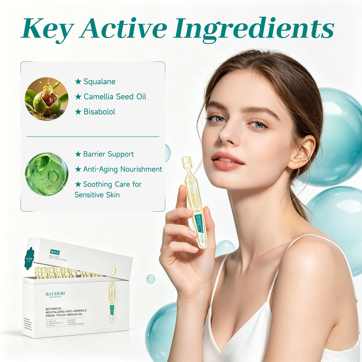 Anti-Aging Face Oil Serum Ampoules with Squalane, Camellia, Jojoba & Meadowfoam Seed Oil, 1ml x 30 S5908