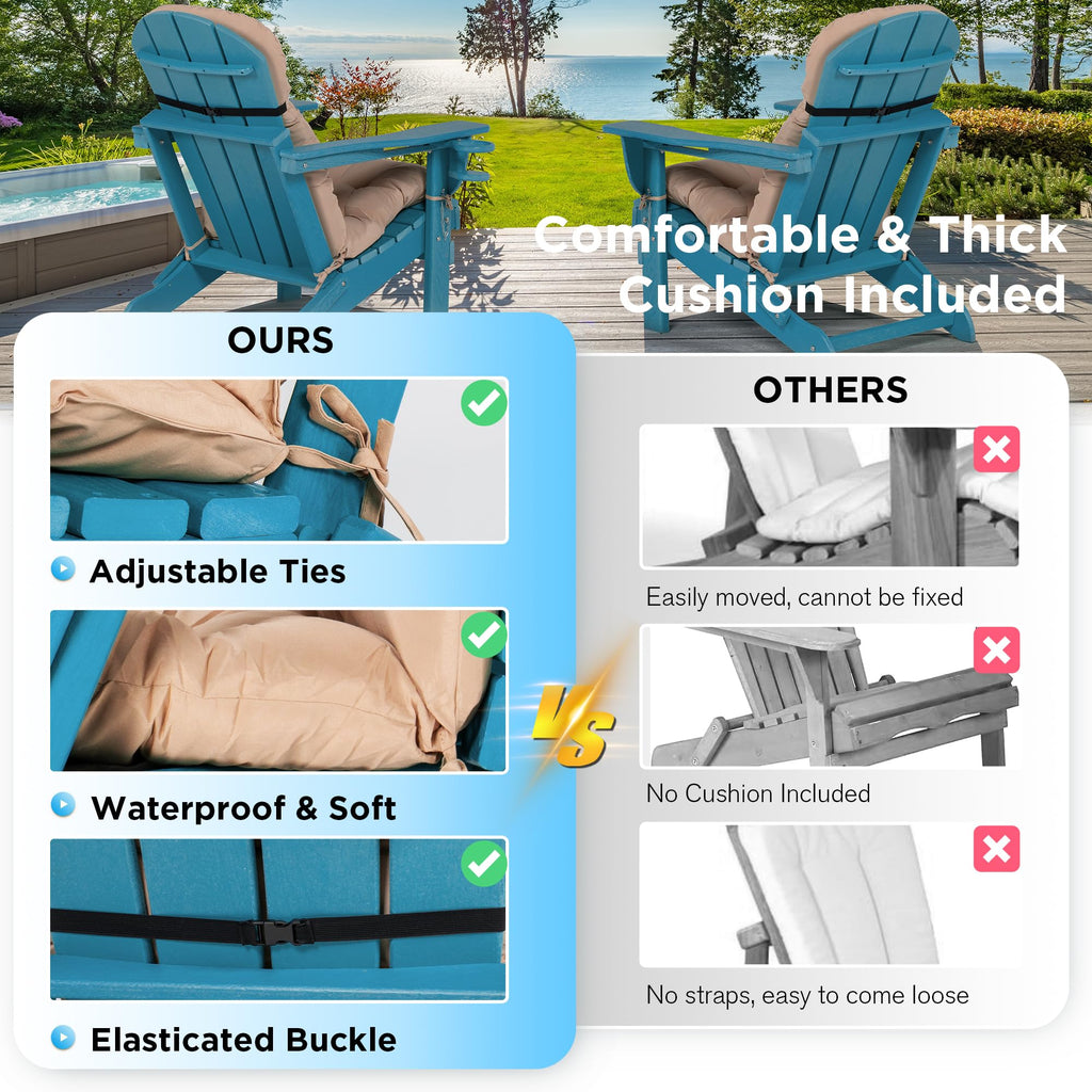 Folding Adirondack Chairs Set of 2 with Cushion, Blue HDPE Plastic Oversized Patio Chair Q9977