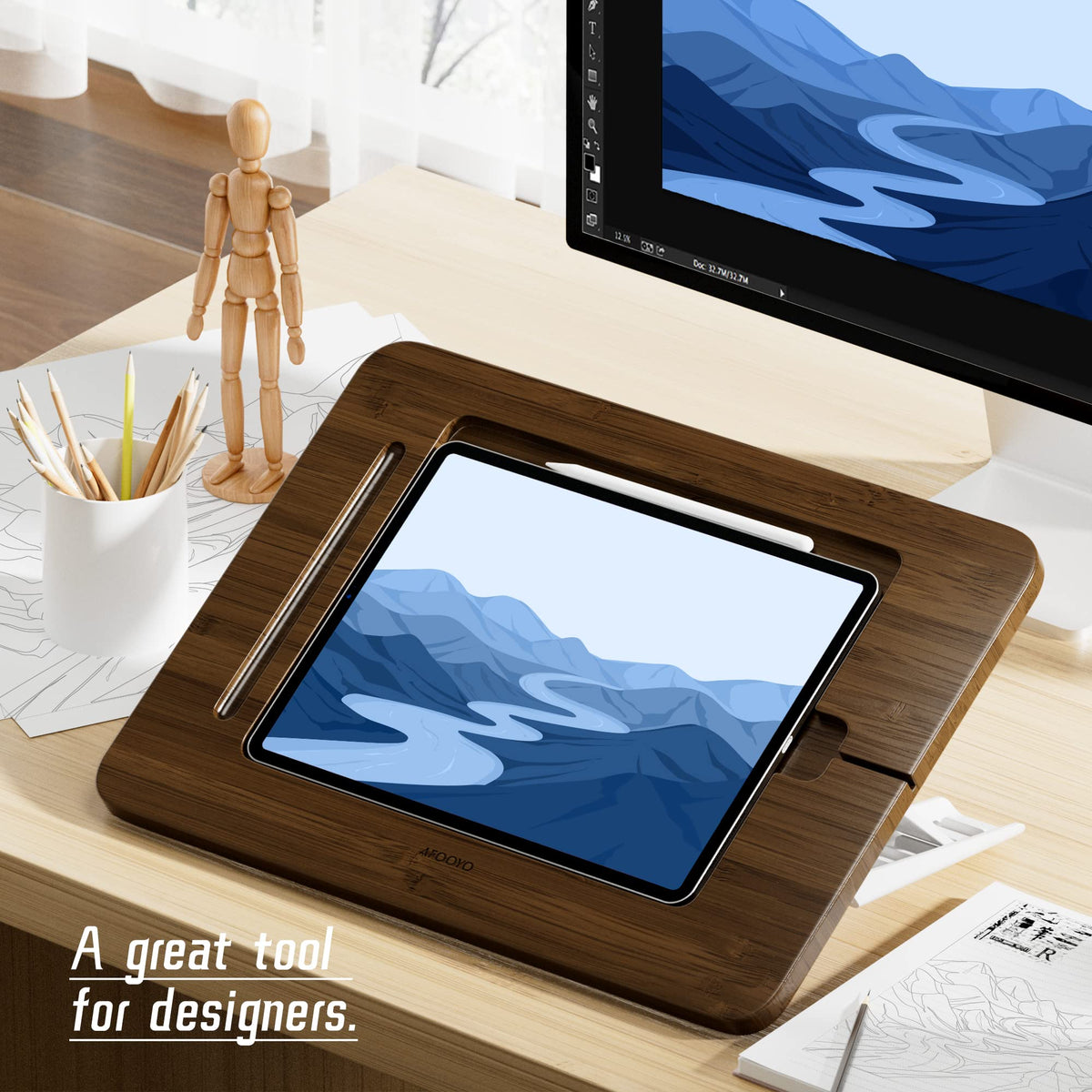Bamboo Tablet Stand with 5 Pack Pencil Grips Q6414