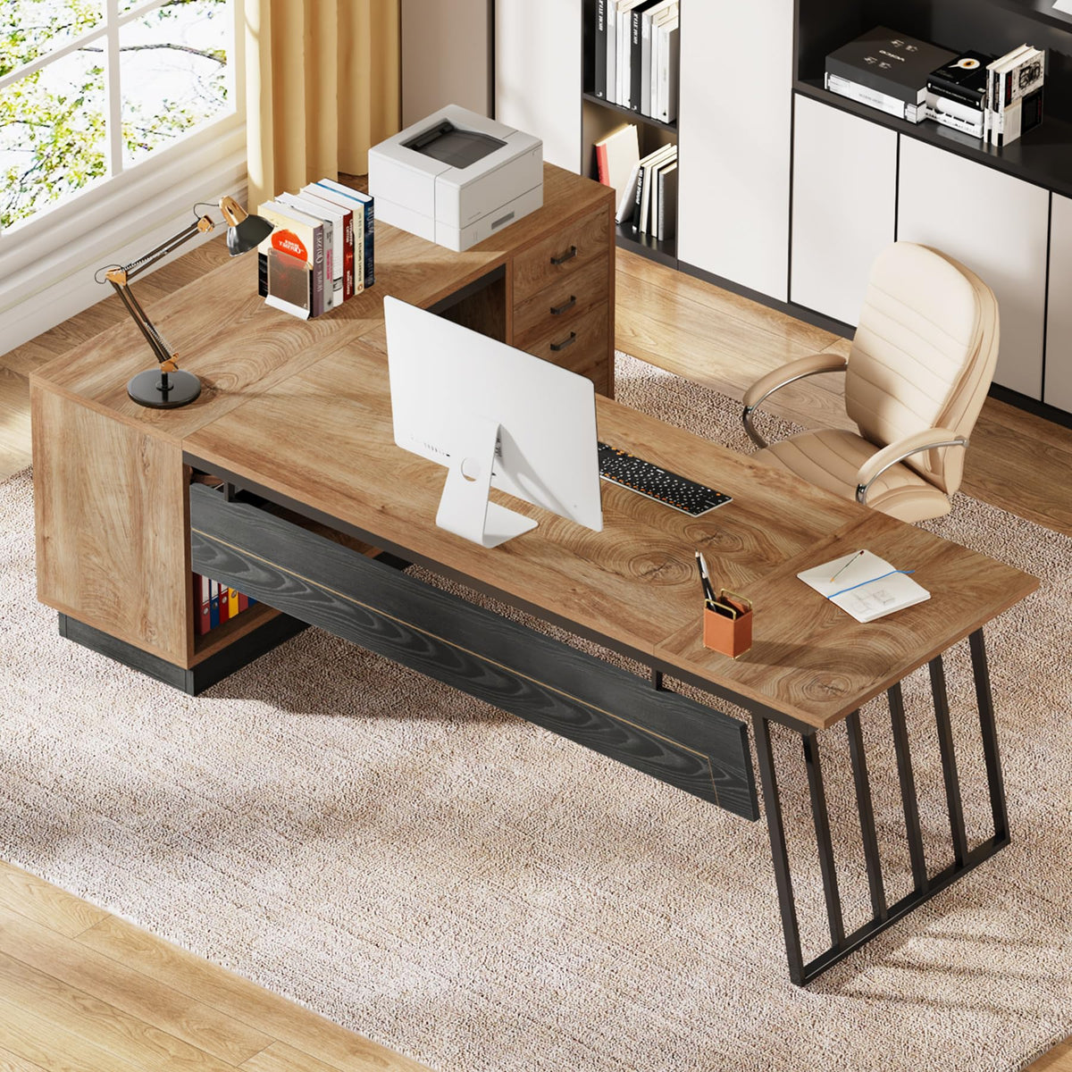 71-Inch L-Shaped Executive Desk with Cabinet J302023
