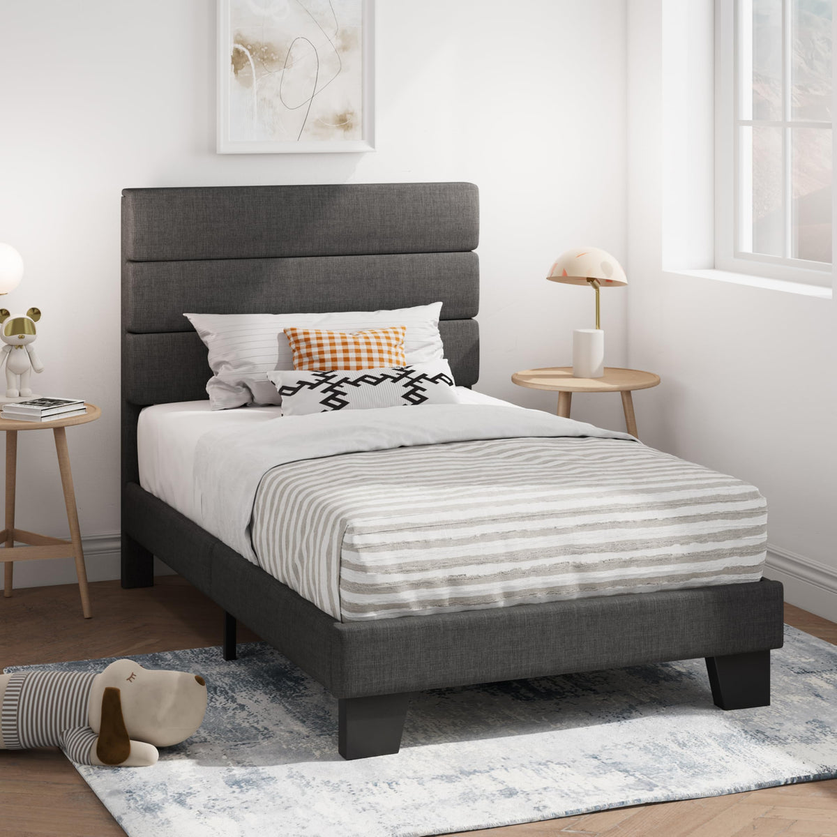 Twin Platform Bed Frame with Upholstered Fabric Headboard S713602