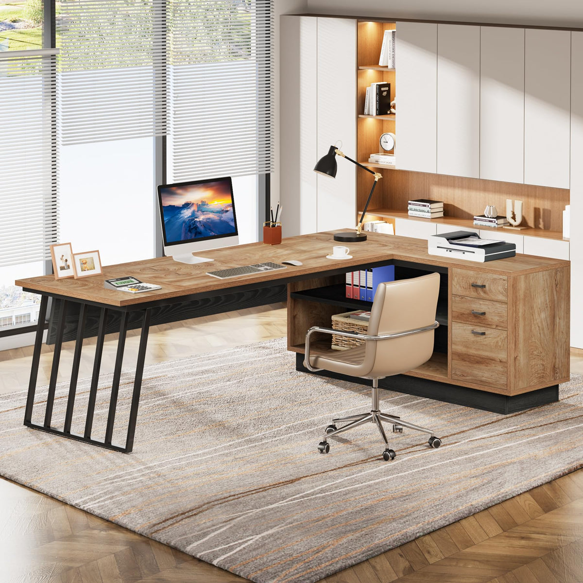 71-Inch L-Shaped Executive Desk with Cabinet J302023