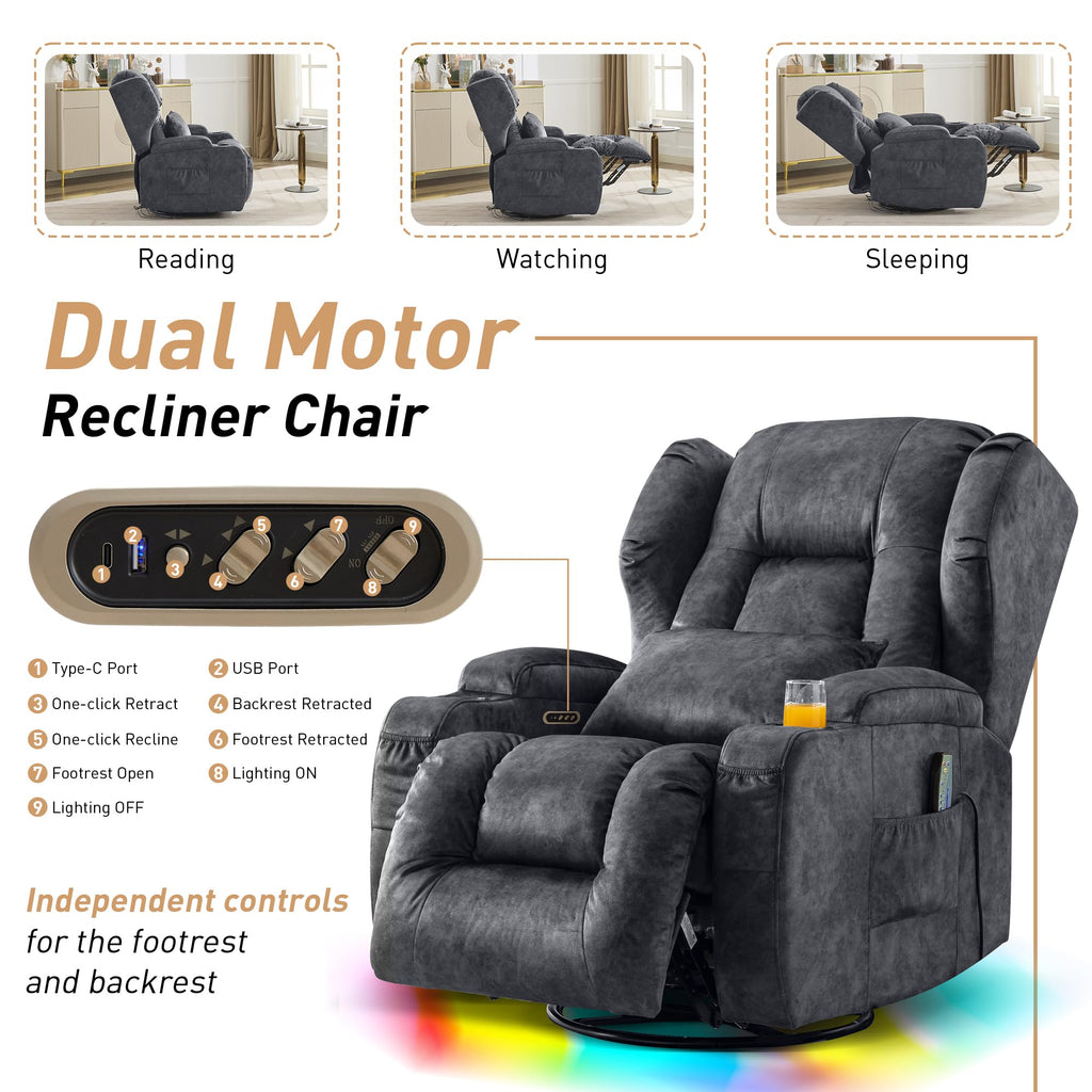 Dual Motor Power Swivel Rocker Recliner Chairs with Massage & Heat W645850