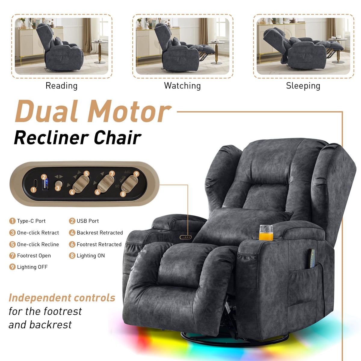 Dual Motor Power Swivel Rocker Recliner Chairs with Massage & Heat W645850