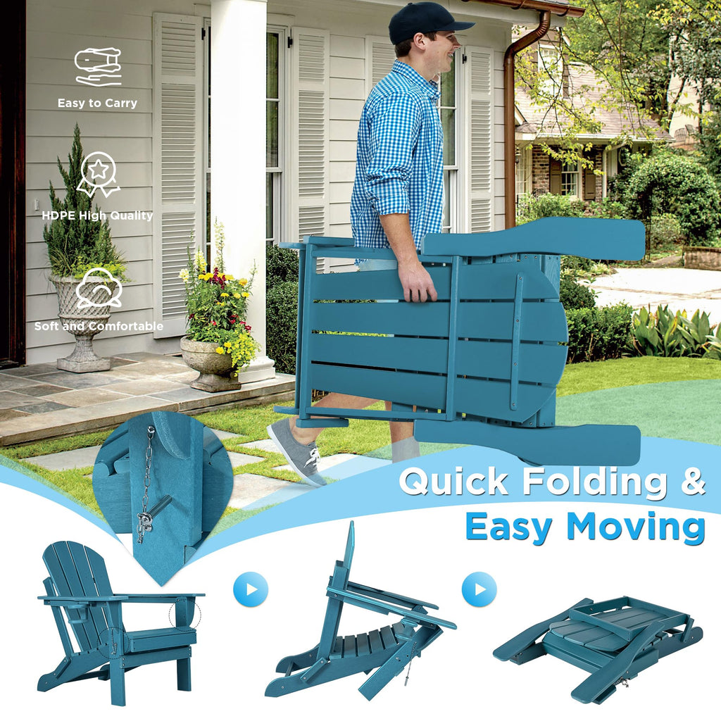 Folding Adirondack Chairs Set of 2 with Cushion, Blue HDPE Plastic Oversized Patio Chair Q9977