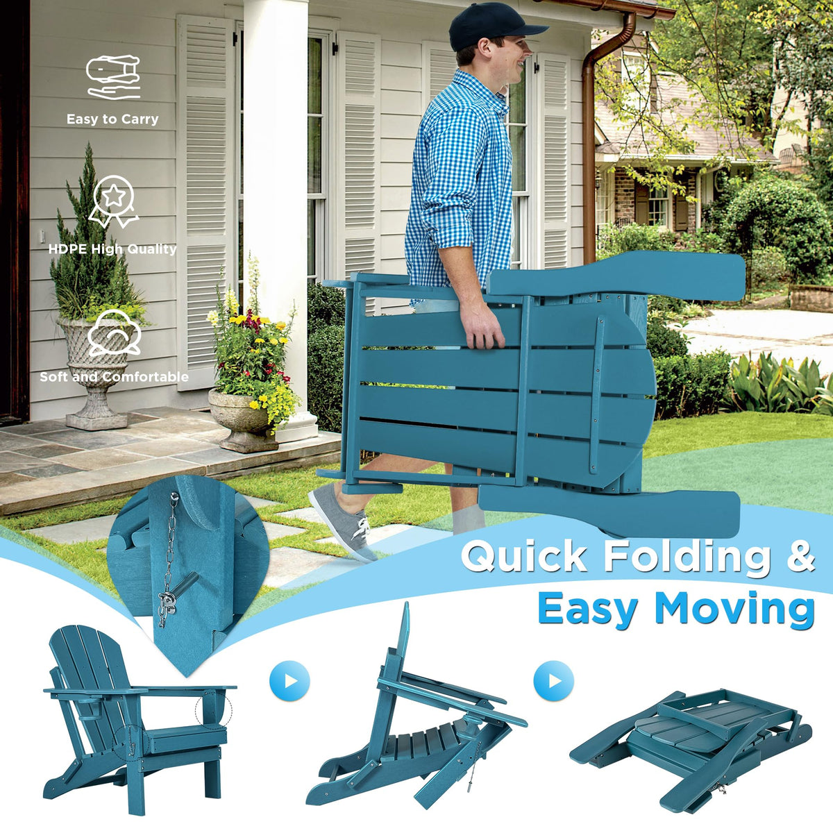 Folding Adirondack Chairs Set of 2 with Cushion, Blue HDPE Plastic Oversized Patio Chair Q9977