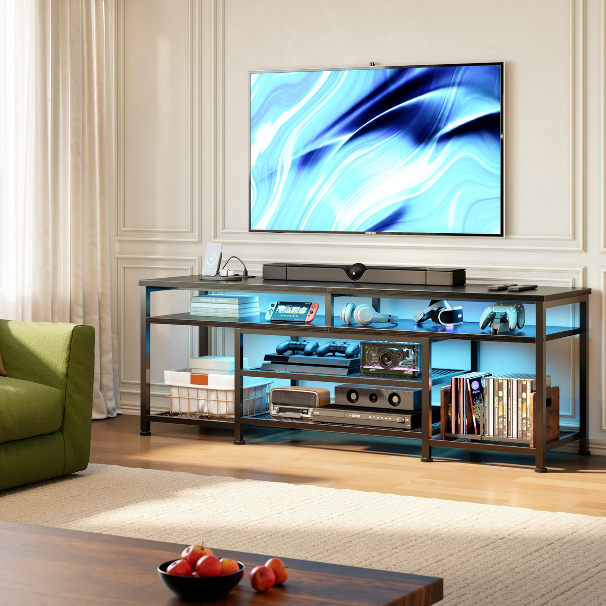 63 Inch TV Stand with Power Outlets & LED Lights, Black A423