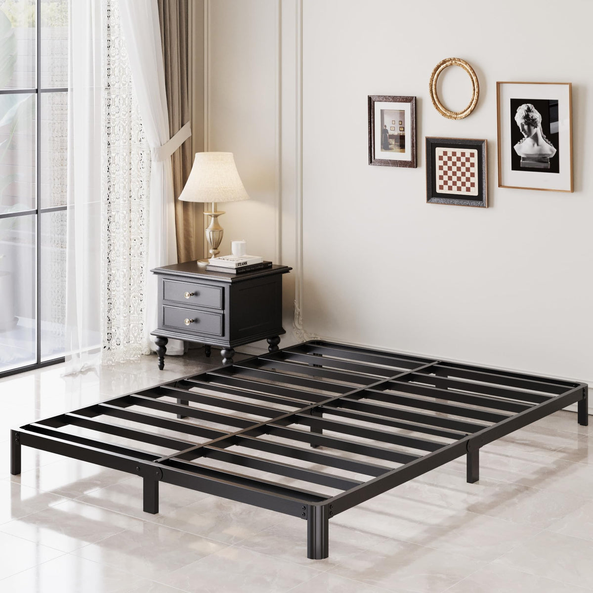 Black 7 Inch Queen Metal Platform Bed Frame Y962689