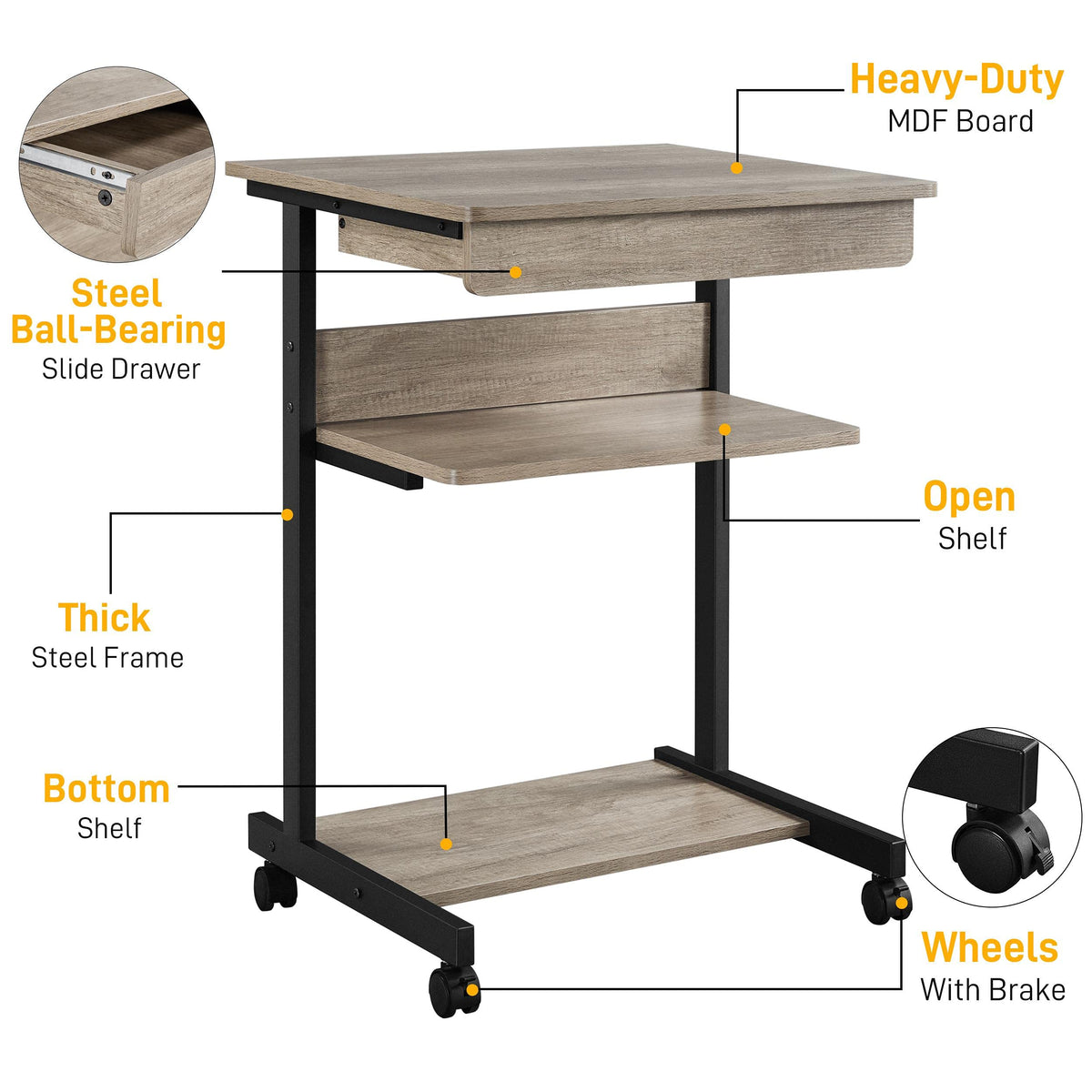 Gray 3-Tier Rolling Cart with Drawer F316448
