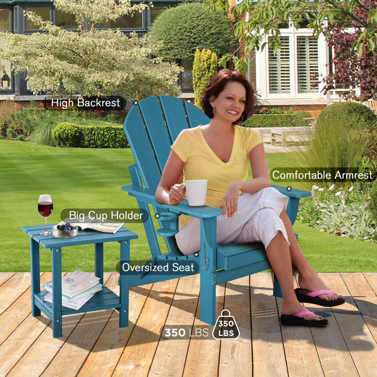 Folding Adirondack Chairs Set of 2 with Cushion, Blue HDPE Plastic Oversized Patio Chair Q9977