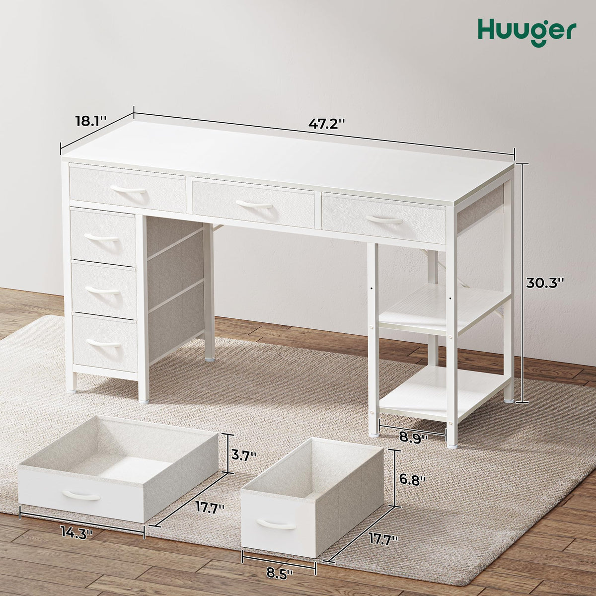 White 6 Drawer Computer Desk with Shelves D54863