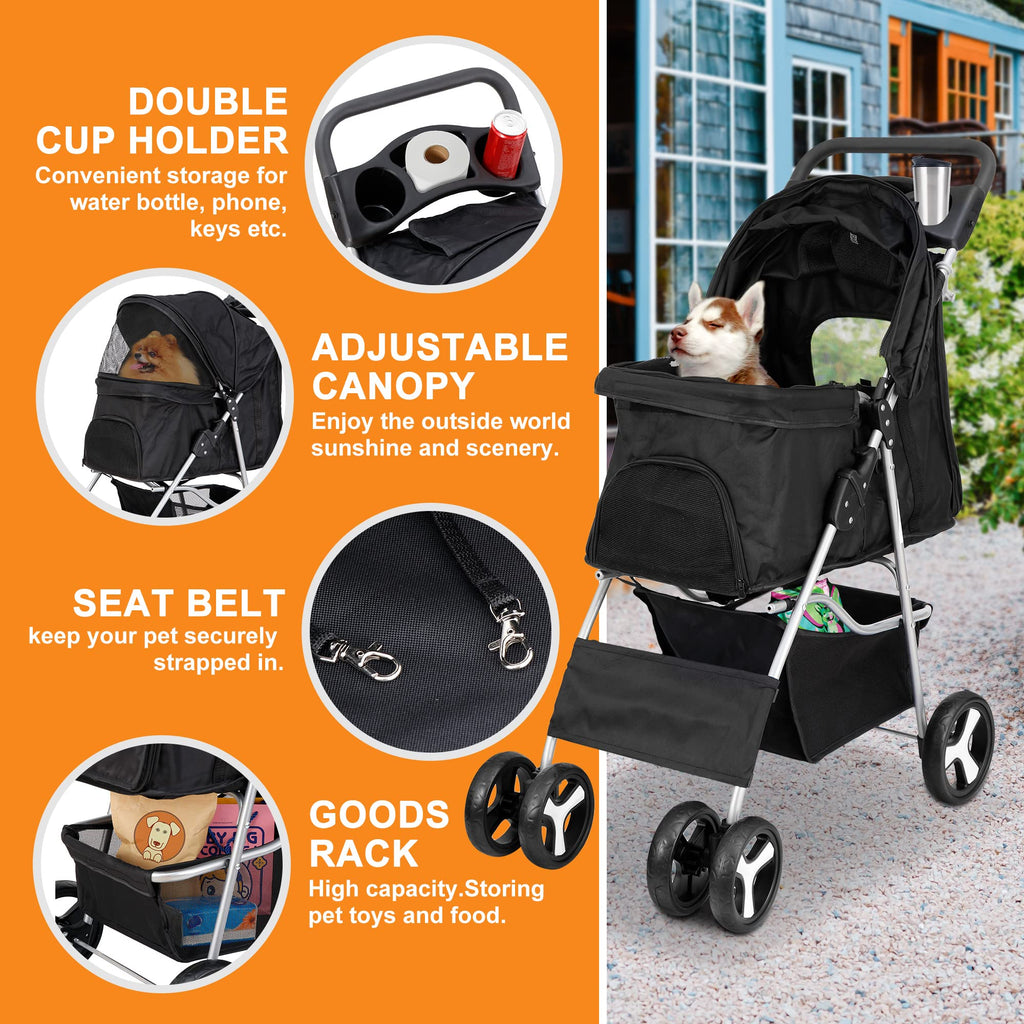 4 Wheels Foldable Pet Stroller with Storage Basket and Cup Holder A949628