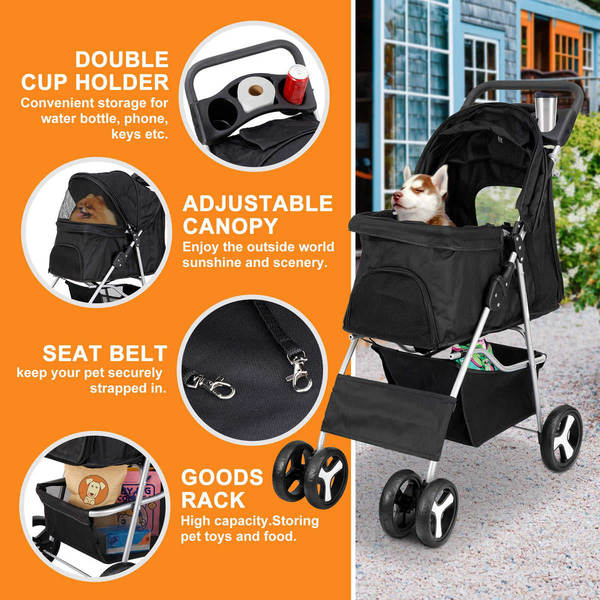 4 Wheels Foldable Pet Stroller with Storage Basket and Cup Holder A949628