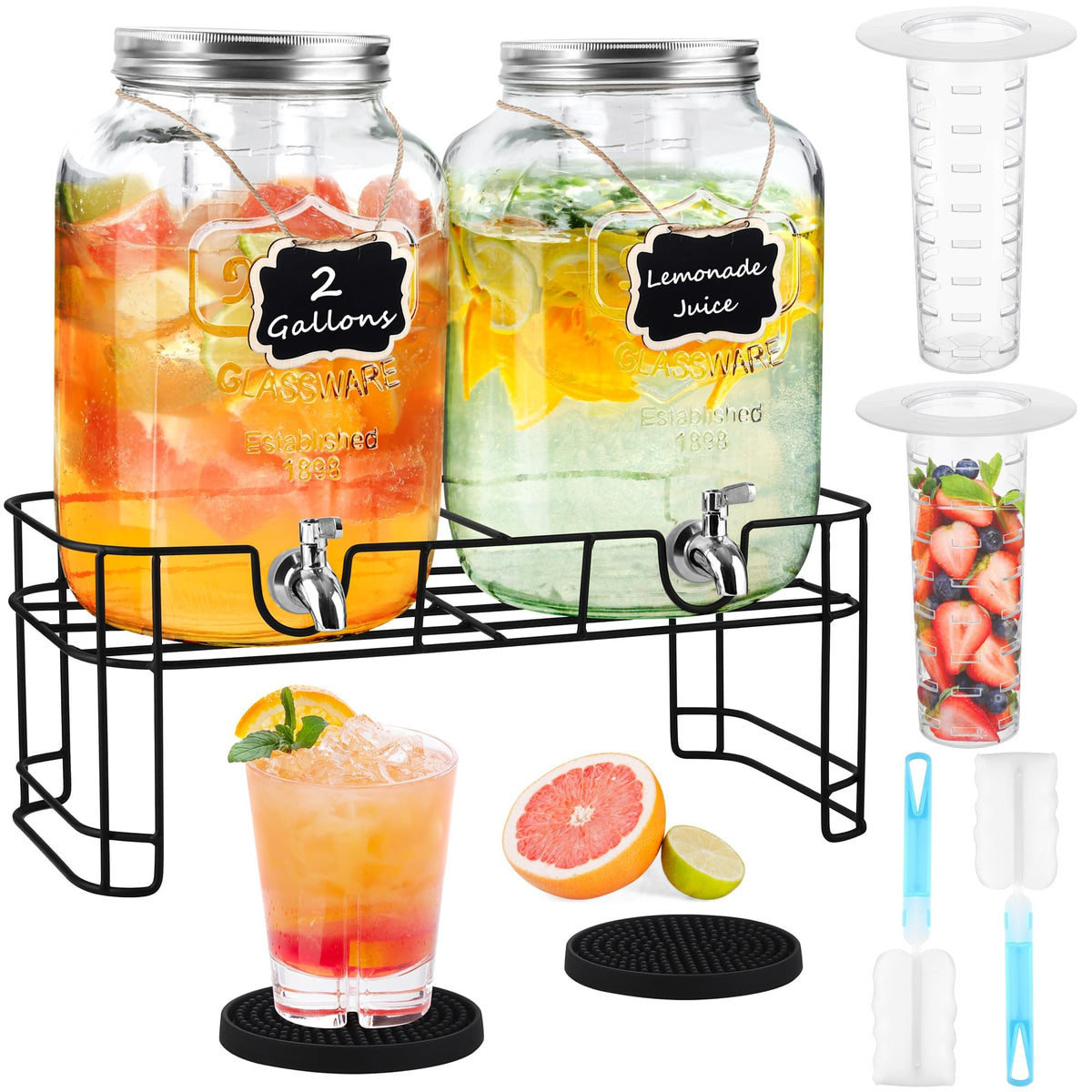 2 Pcs 2 Gallon Glass Beverage Dispenser with Stand X75758