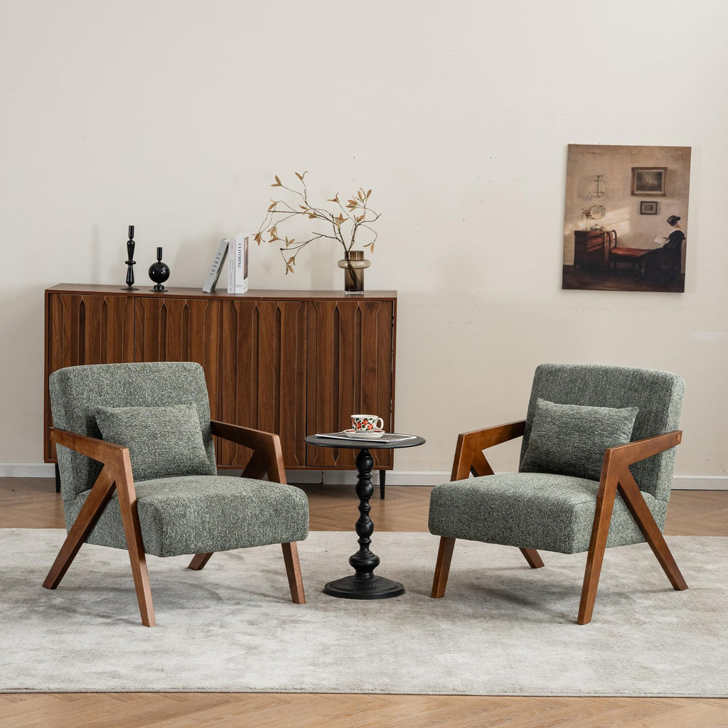 Mid-Century Modern Chenille Accent Chair Set of 2 with Wood Frame A1382