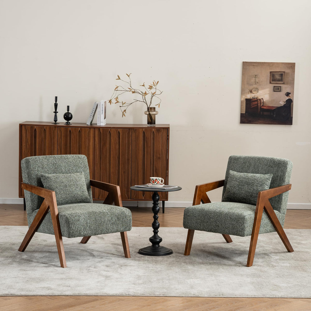 Mid-Century Modern Chenille Accent Chair Set of 2 with Wood Frame A1382