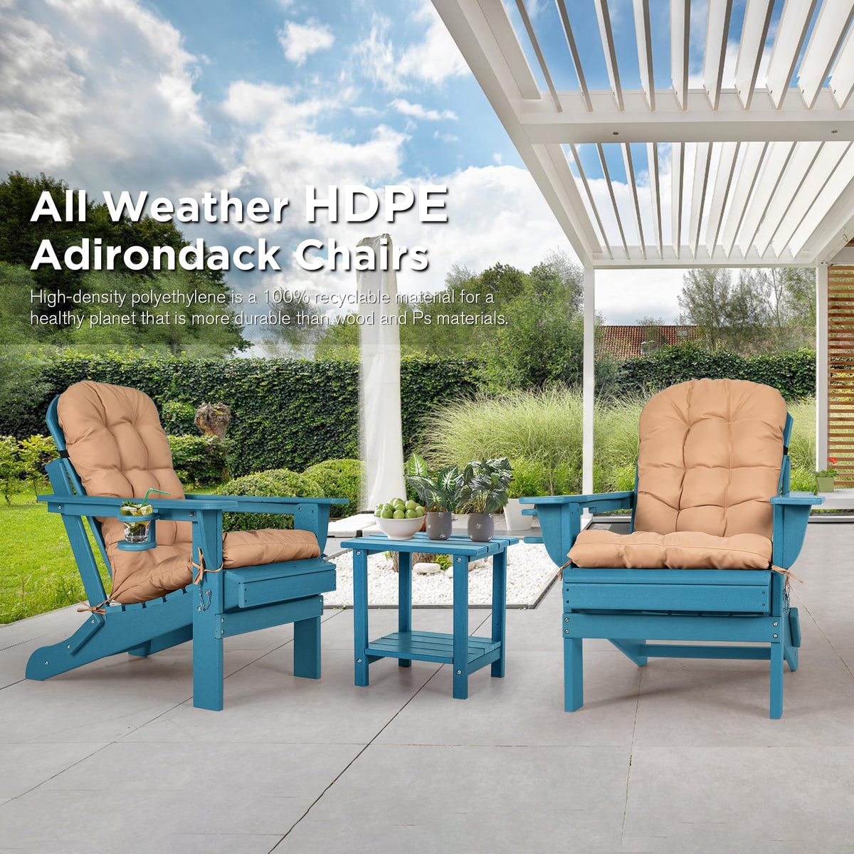 Folding Adirondack Chairs Set of 2 with Cushion, Blue HDPE Plastic Oversized Patio Chair Q9977
