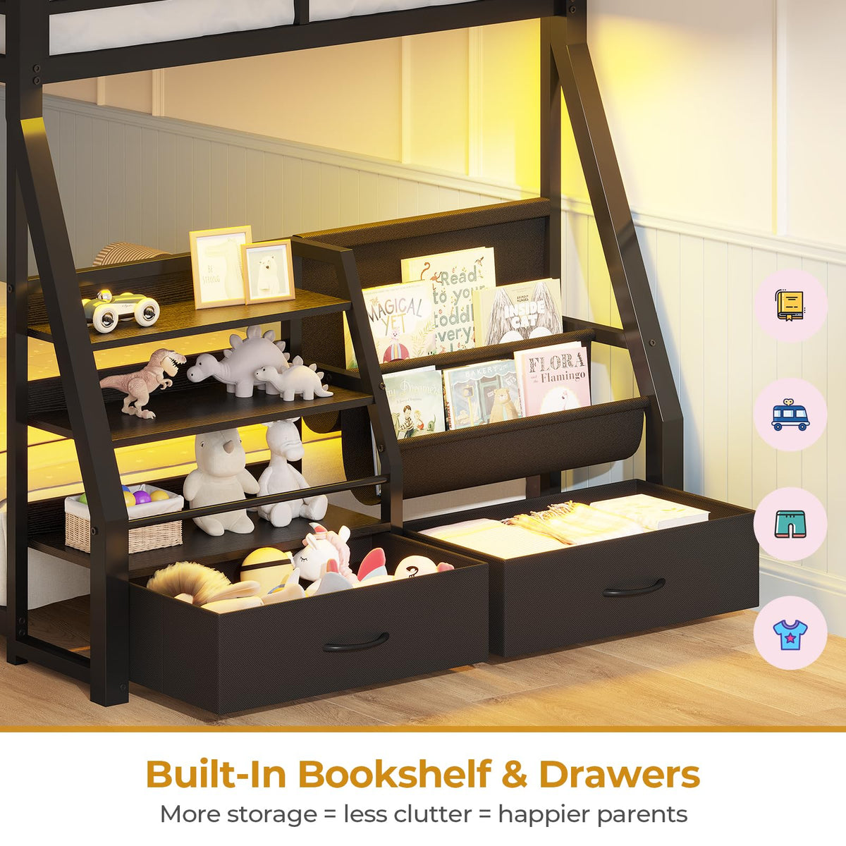 Black Bunk Bed with Bookshelves and Storage Drawers K875527