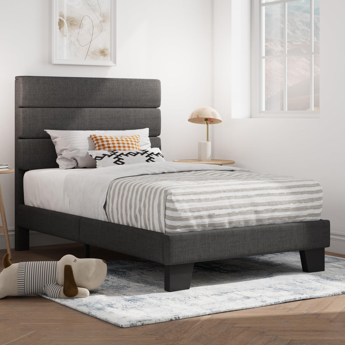 Twin Platform Bed Frame with Upholstered Fabric Headboard S713602