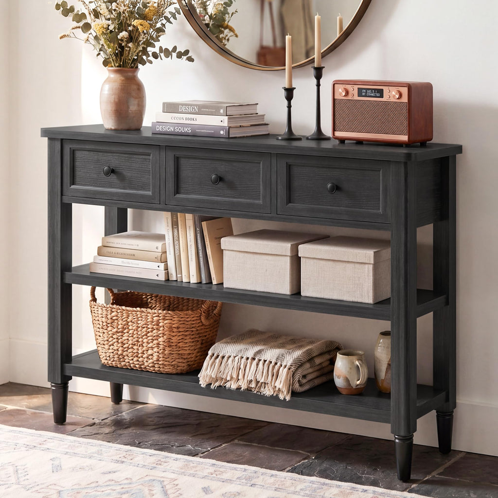 43" Farmhouse Entryway Table with 3 Drawers 2 Shelves A4801
