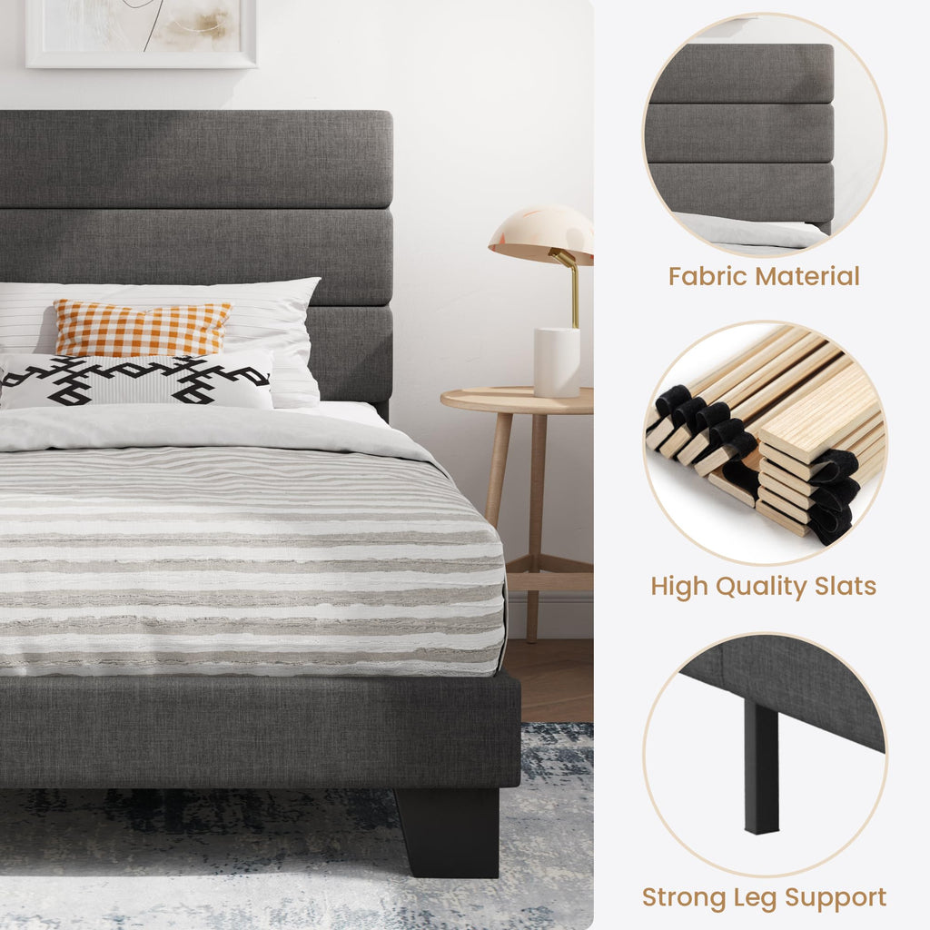 Twin Platform Bed Frame with Upholstered Fabric Headboard S713602