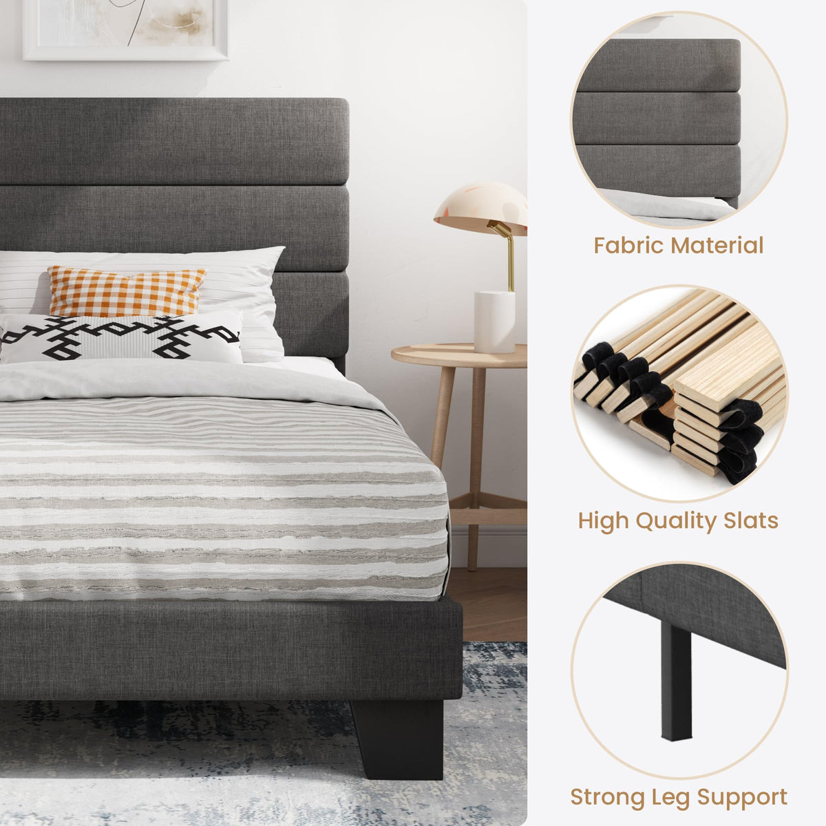 Twin Platform Bed Frame with Upholstered Fabric Headboard S713602