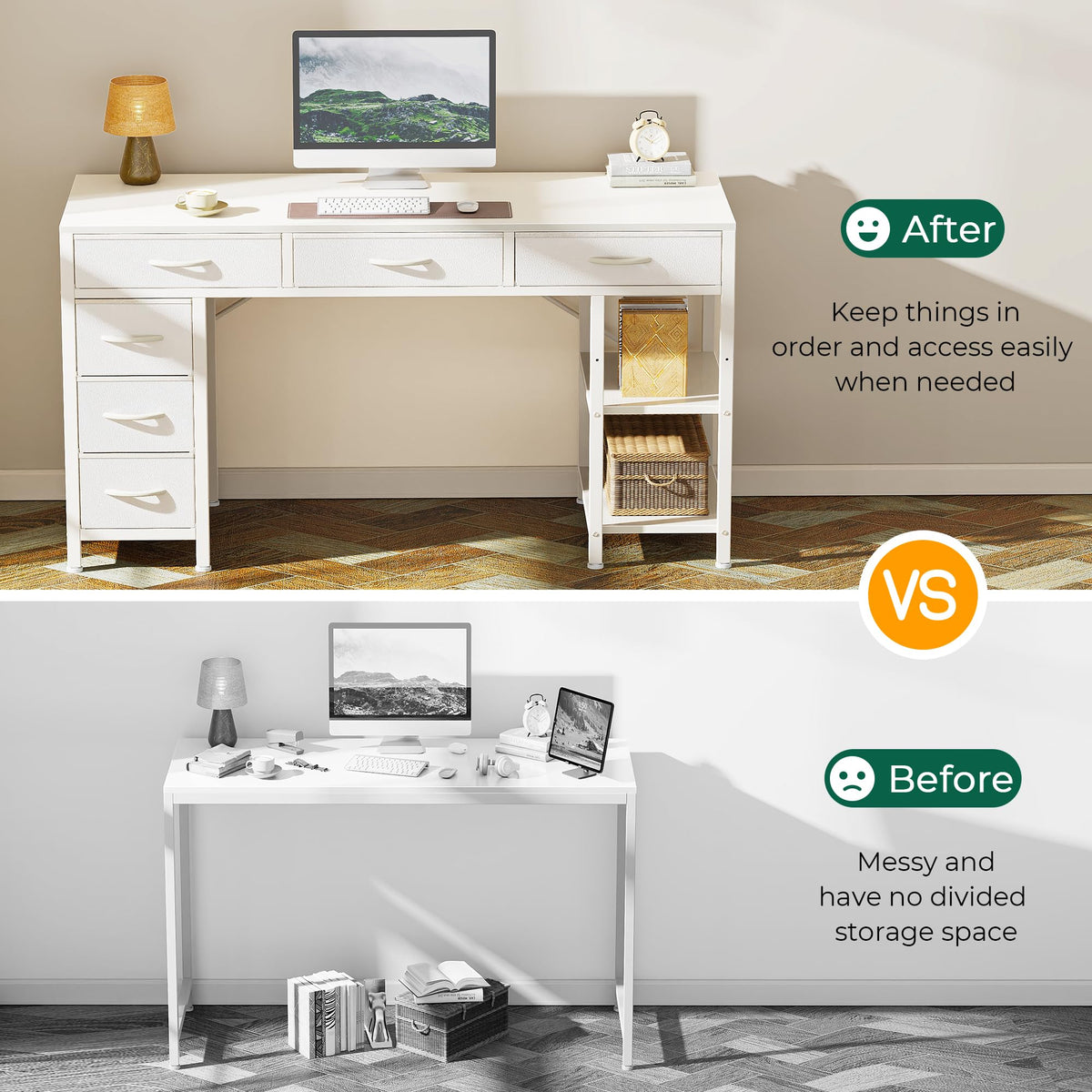 White 6 Drawer Computer Desk with Shelves D54863