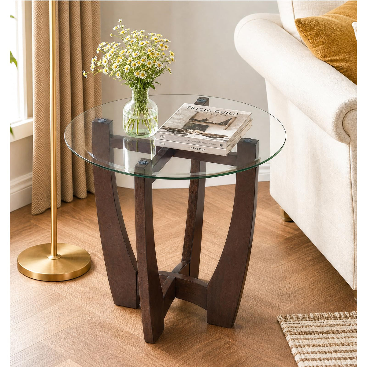Round Glass End Table with Wood Base Z404150