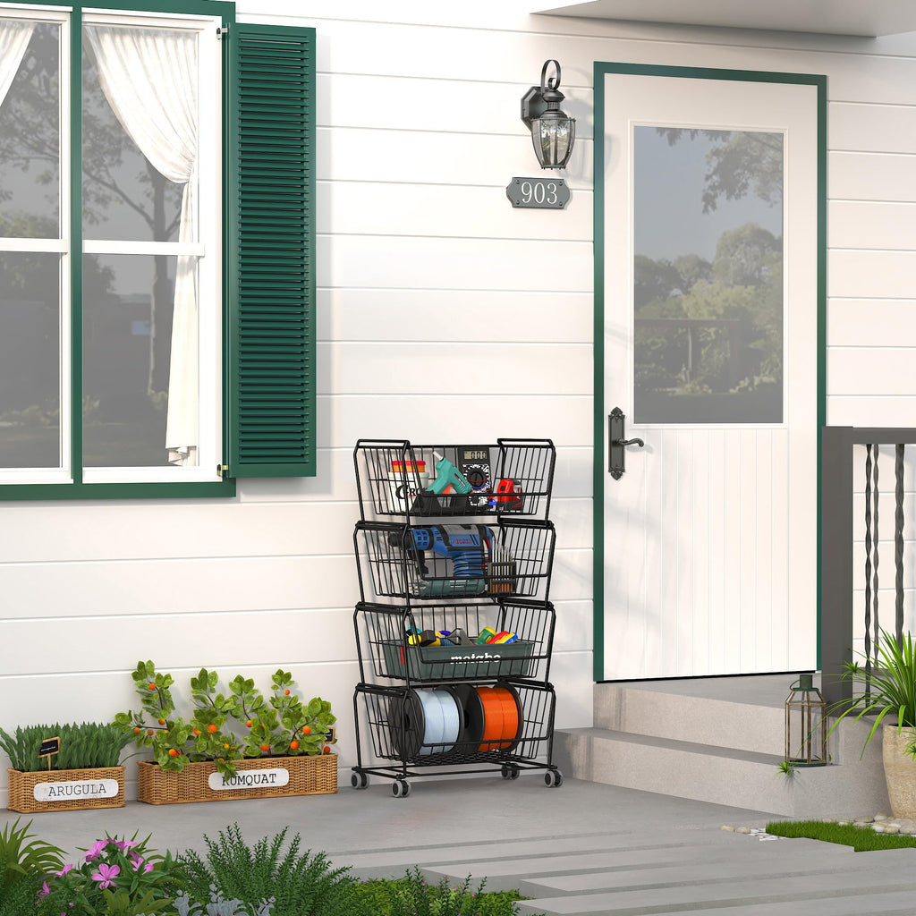 4-Tier Stackable Wire Storage Baskets with Wheels D89600