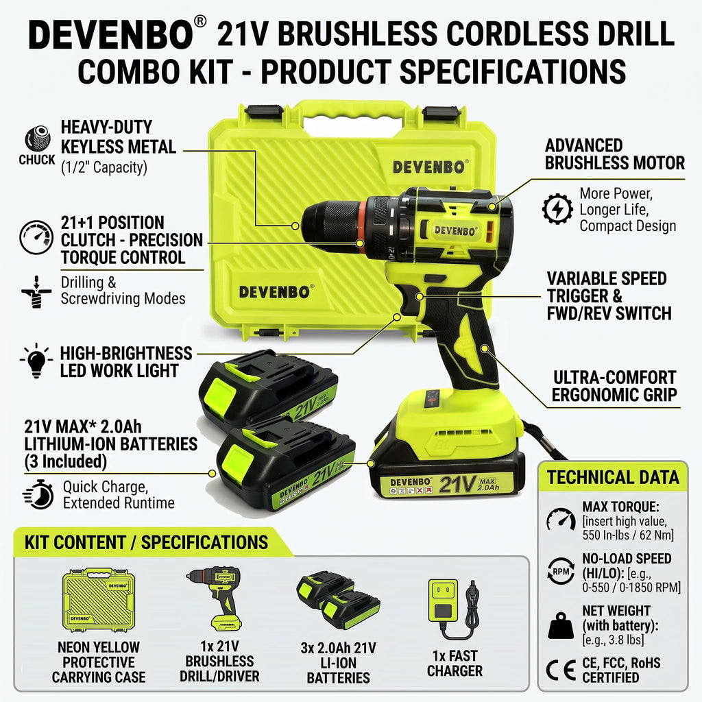 21V Brushless Cordless Drill Set T91212