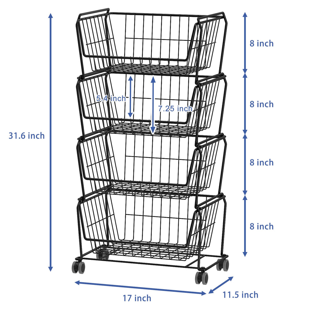 4-Tier Stackable Wire Storage Baskets with Wheels D89600