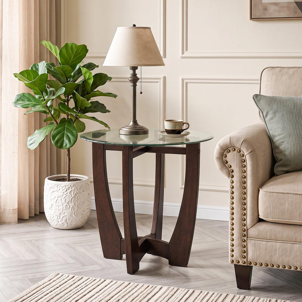 Round Glass End Table with Wood Base Z404150