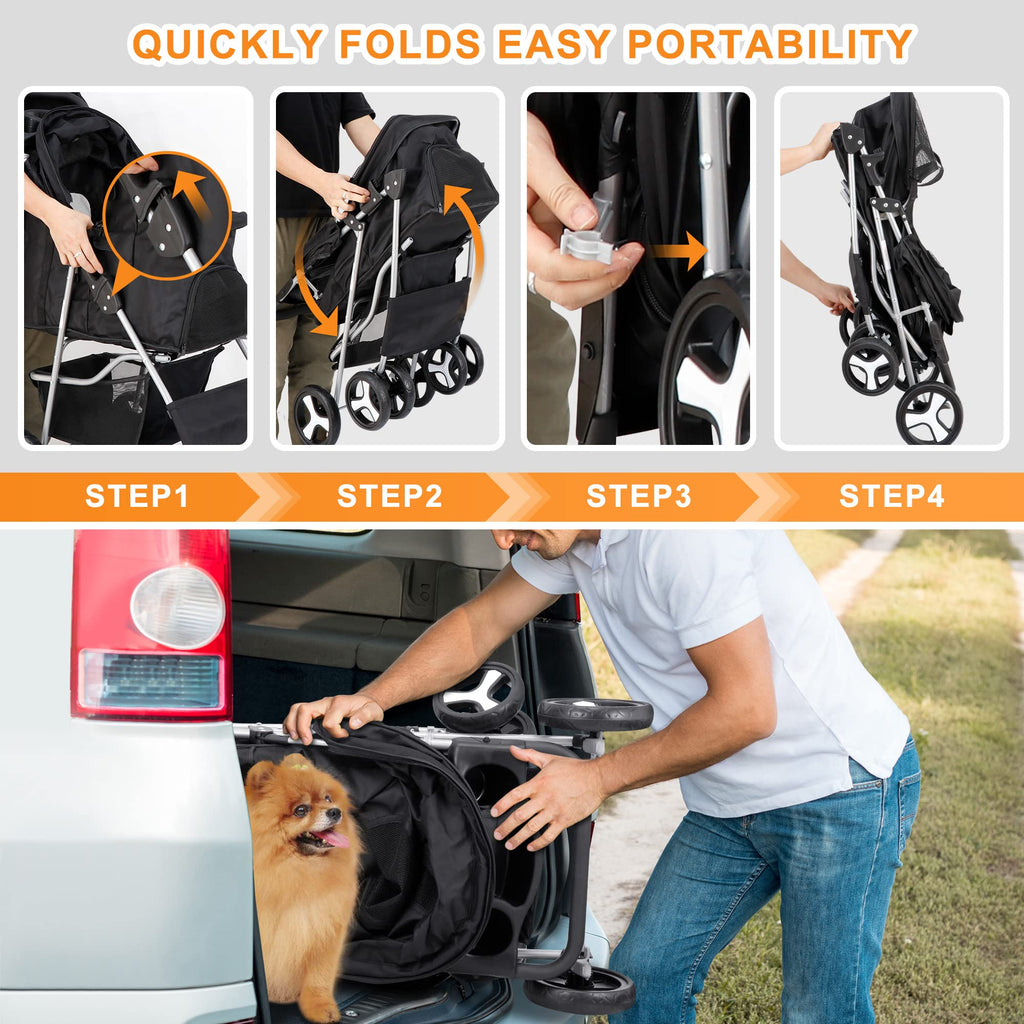 4 Wheels Foldable Pet Stroller with Storage Basket and Cup Holder A949628