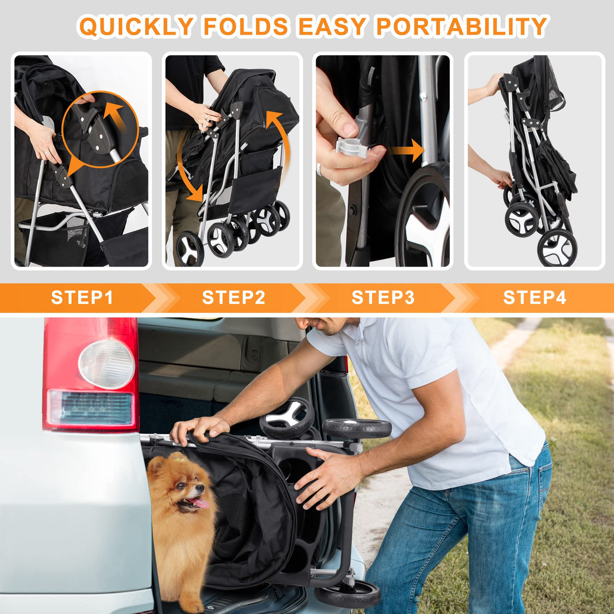 4 Wheels Foldable Pet Stroller with Storage Basket and Cup Holder A949628