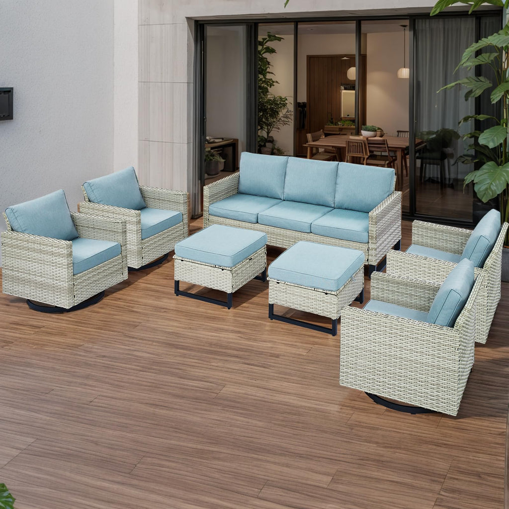 7 Piece Wicker Patio Conversation Set with Swivel Rocker Chairs and Ottoman K3197