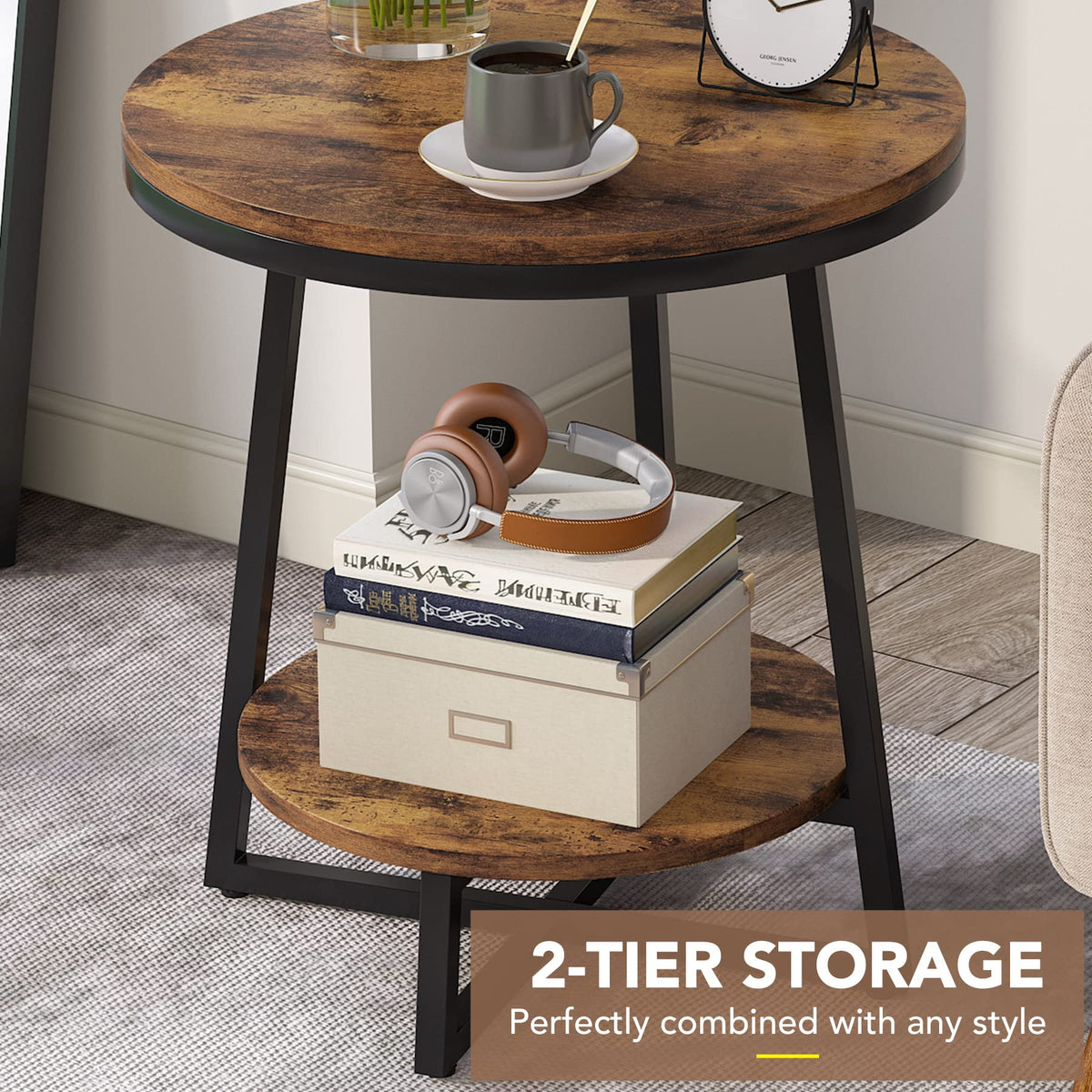 2 Tier Round End Table with Storage Shelf A1117