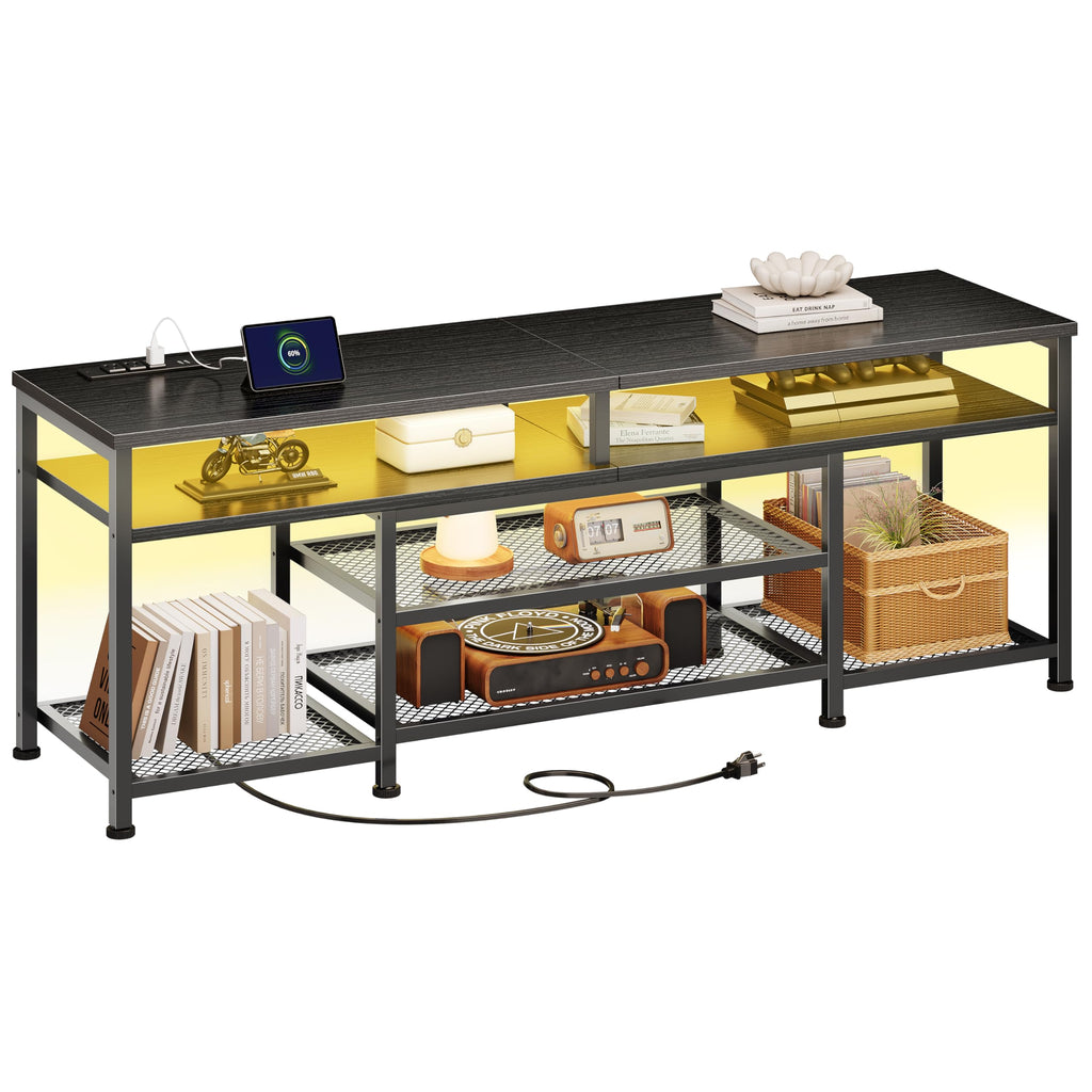 63 Inch TV Stand with Power Outlets & LED Lights, Black A423