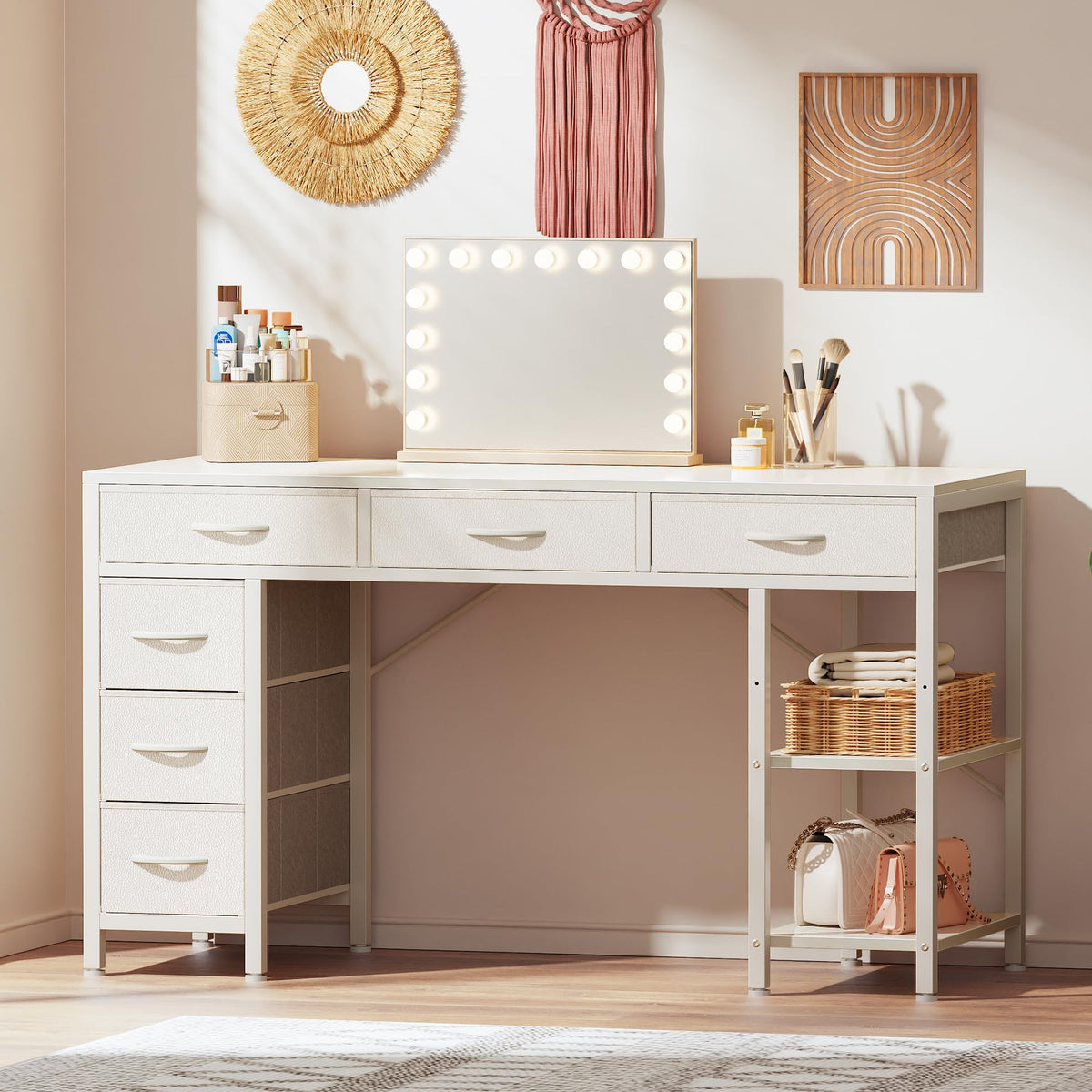 White 6 Drawer Computer Desk with Shelves D54863