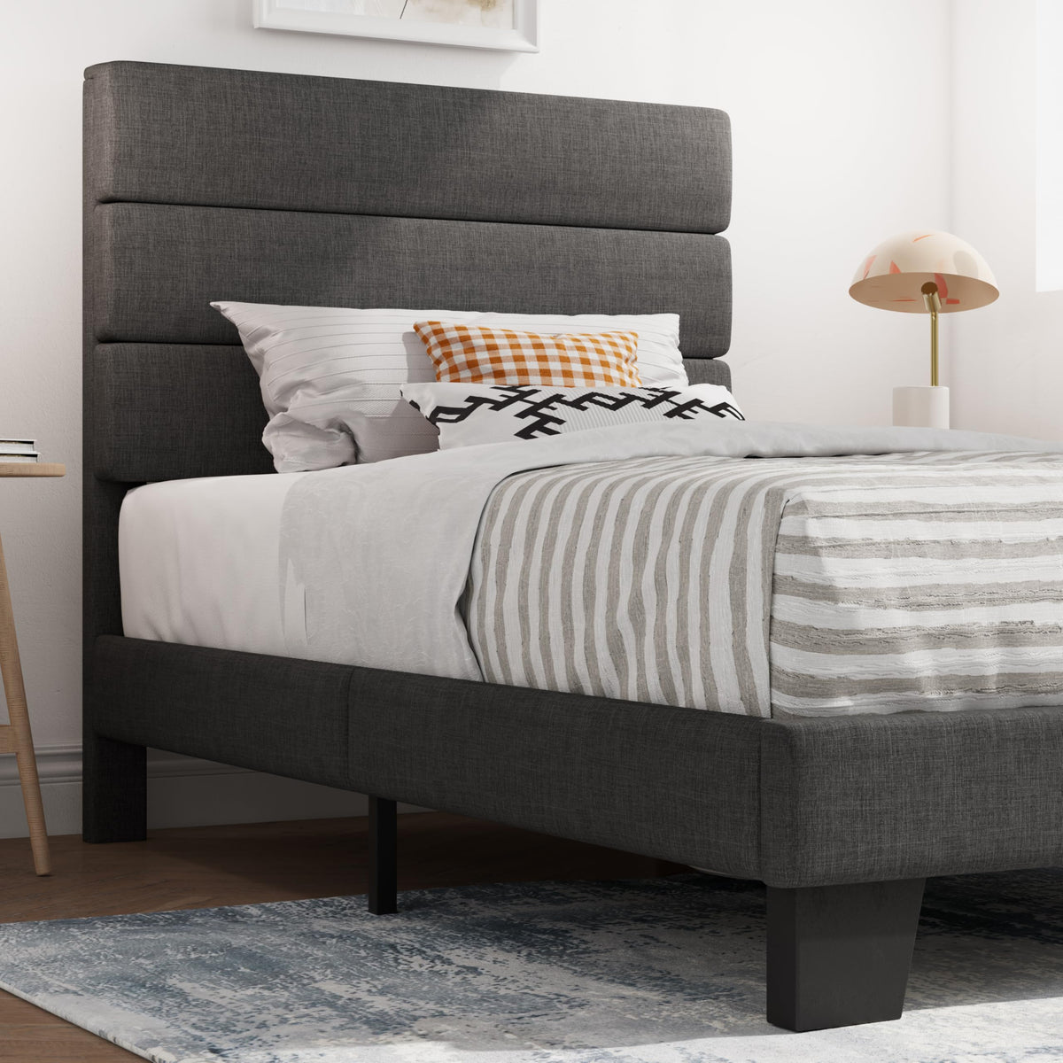 Twin Platform Bed Frame with Upholstered Fabric Headboard S713602