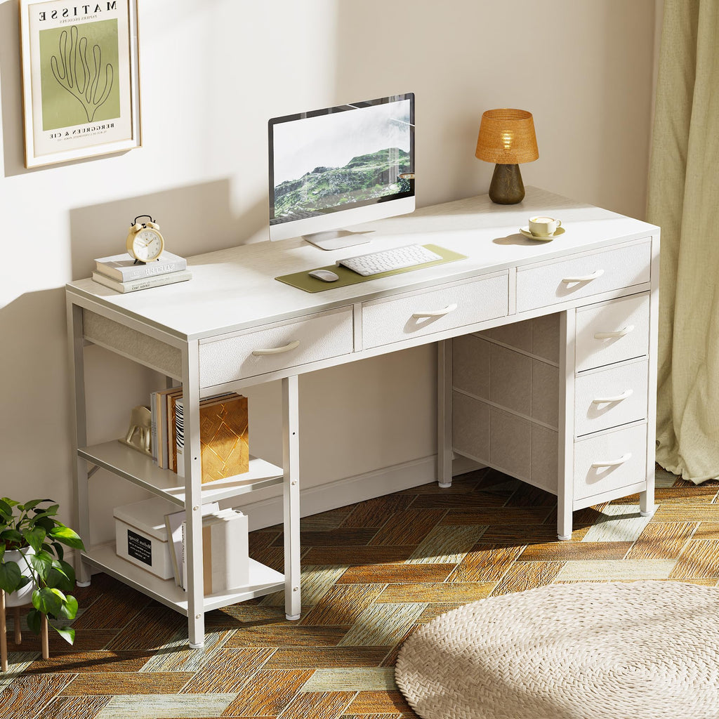 White 6 Drawer Computer Desk with Shelves D54863