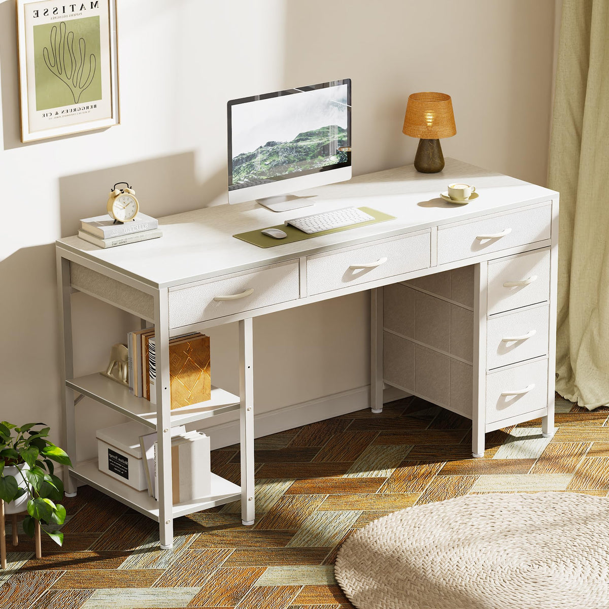 White 6 Drawer Computer Desk with Shelves D54863