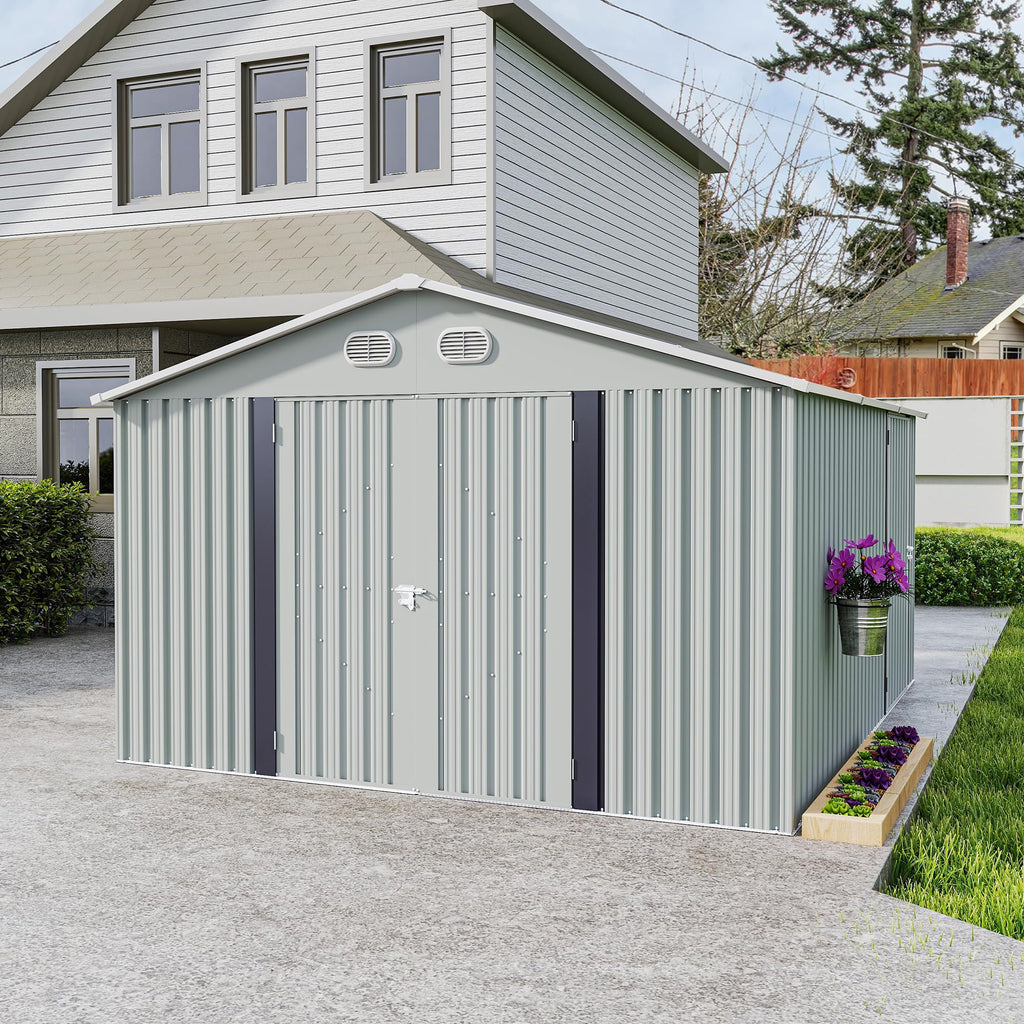 10x12 FT White Metal Storage Shed with Lockable Doors Y78239