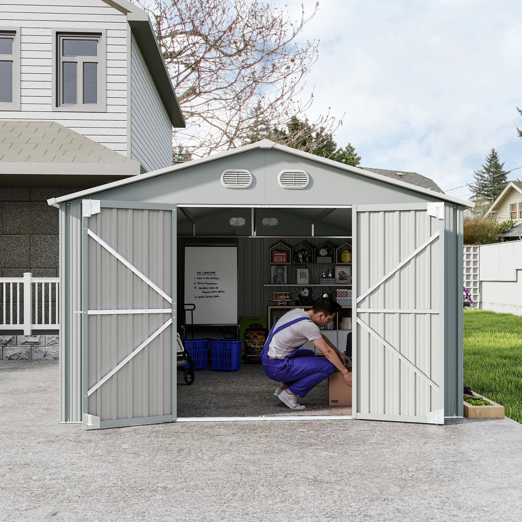 10x12 FT White Metal Storage Shed with Lockable Doors Y78239