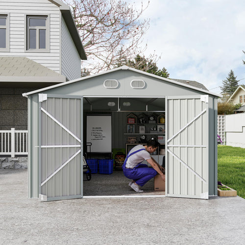 10x12 FT White Metal Storage Shed with Lockable Doors Y78239