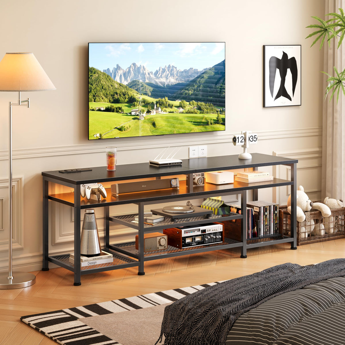 63 Inch TV Stand with Power Outlets & LED Lights, Black A423
