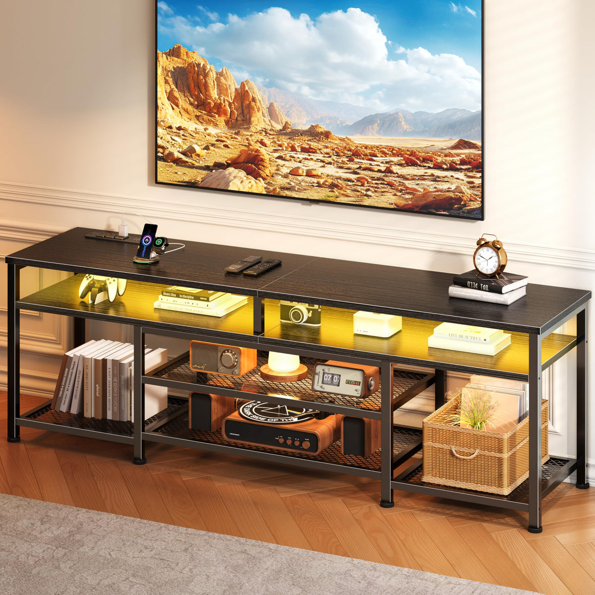 63 Inch TV Stand with Power Outlets & LED Lights, Black A423